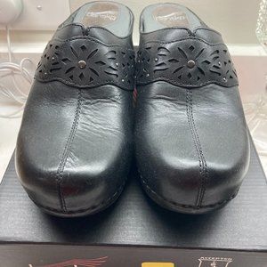 DANSKO Shyanne Black Leather Platform Clogs Mules Laser Cut Shoes Size 42/US 11